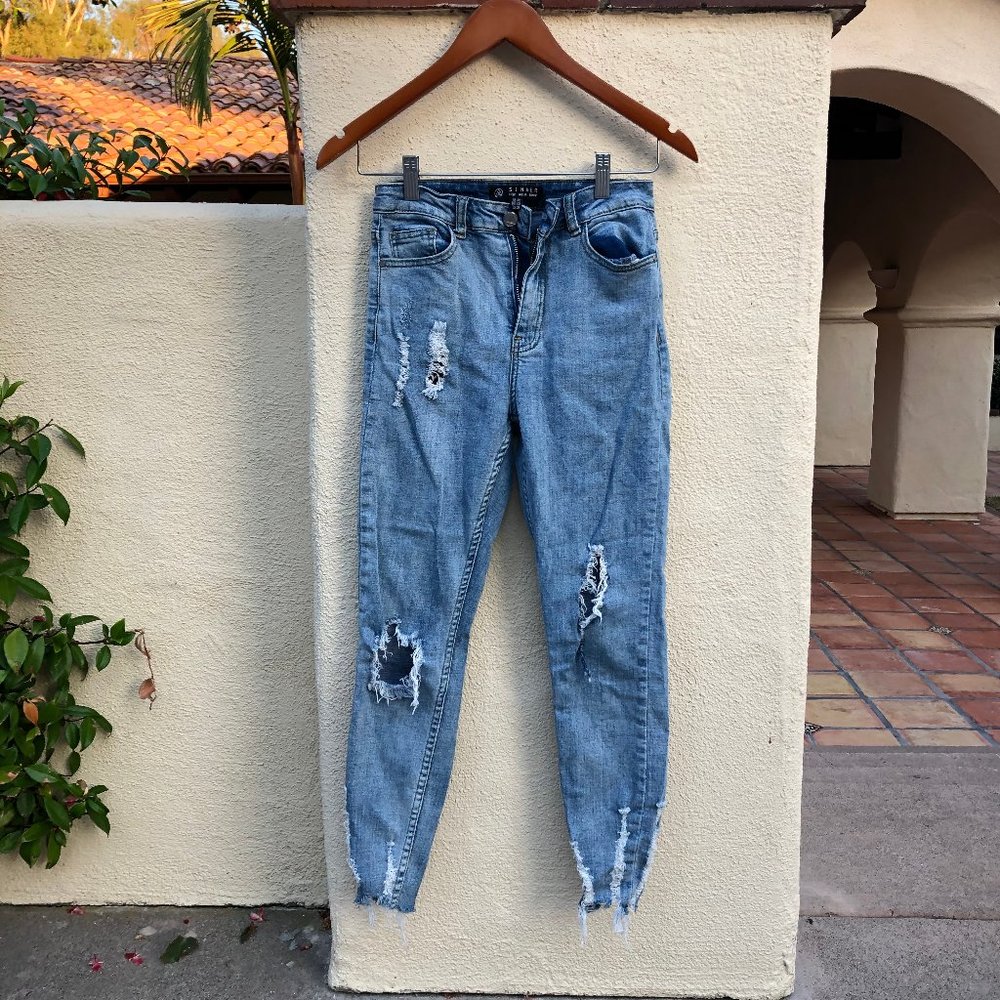 Sinner High Waisted Destroyed Hem Skinny Jeans